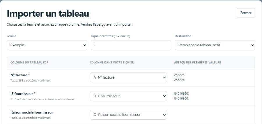 Importer — mêmes titres, colonnes reconnues automatiquement