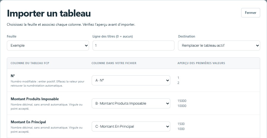 Importer — mêmes titres, colonnes reconnues automatiquement