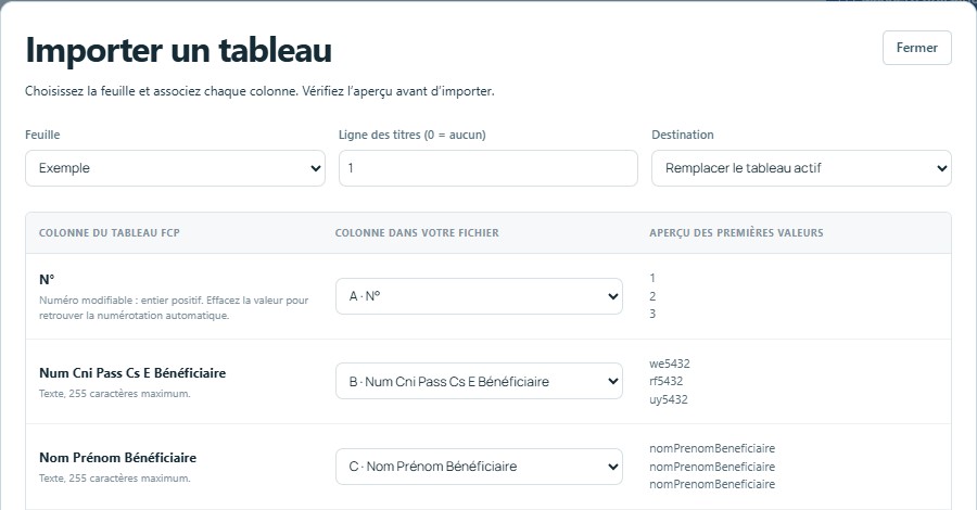 Importer — mêmes titres, colonnes reconnues automatiquement