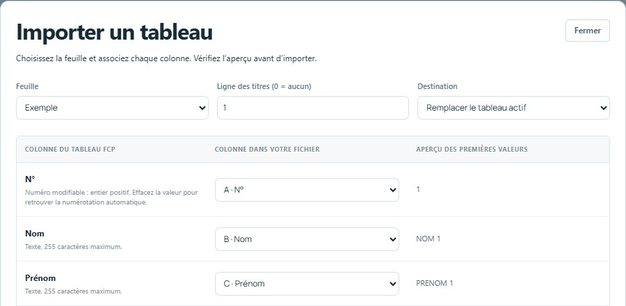 Importer — mêmes titres, colonnes reconnues automatiquement