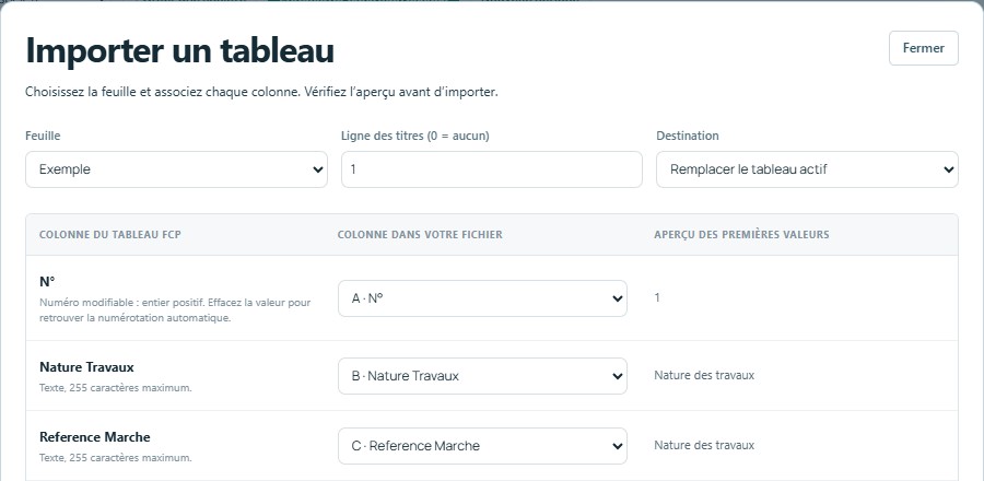 Importer — mêmes titres, colonnes reconnues automatiquement