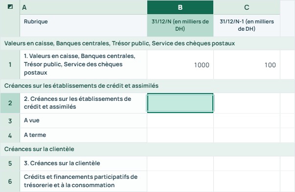 Exemple — T1 · Actif — Valeurs en caisse, Banques centrales, Trésor public, Service des chèques postaux