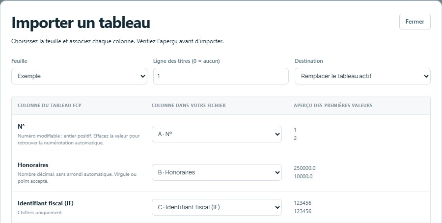 Importer — mêmes titres, colonnes reconnues automatiquement
