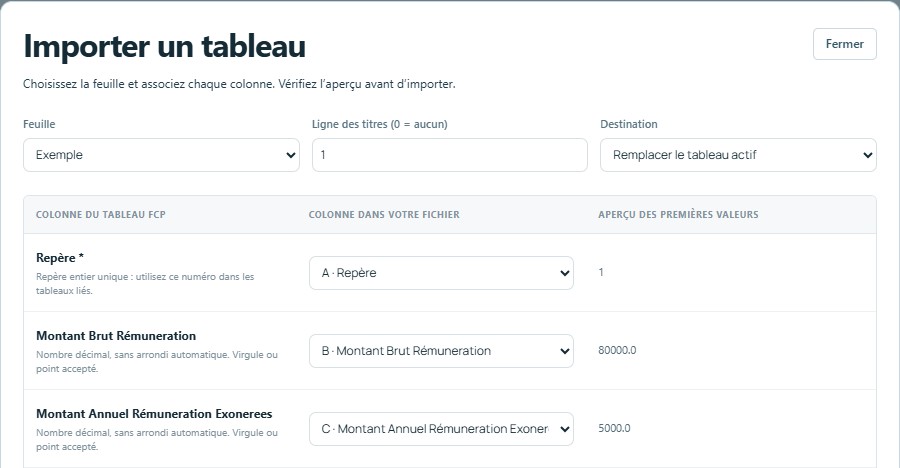 Importer — mêmes titres, colonnes reconnues automatiquement