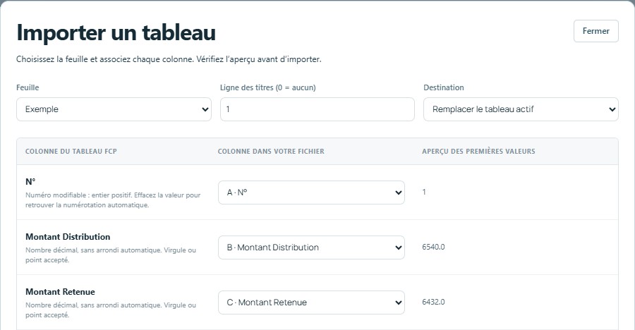 Importer — mêmes titres, colonnes reconnues automatiquement