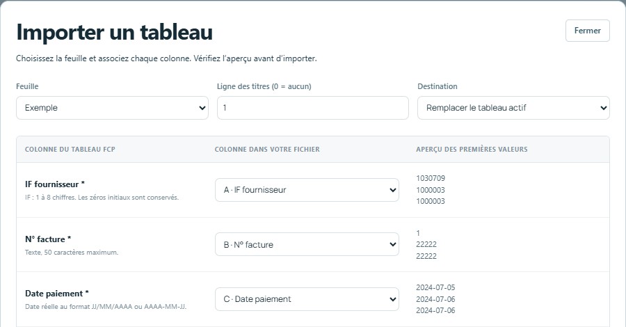 Importer — mêmes titres, colonnes reconnues automatiquement