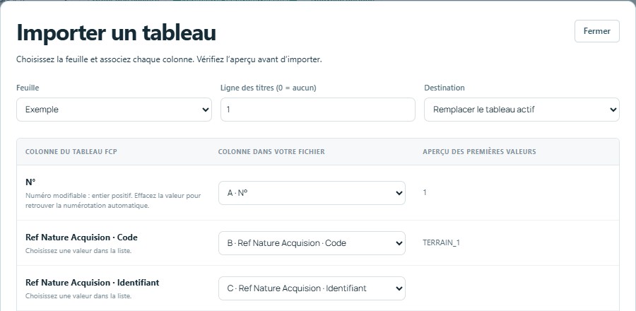 Importer — mêmes titres, colonnes reconnues automatiquement