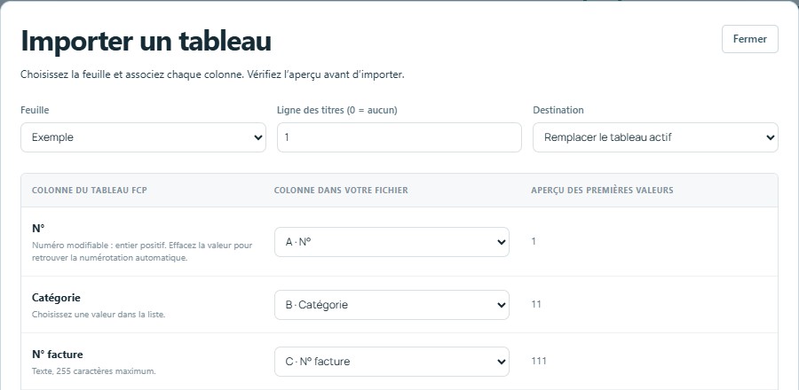 Importer — mêmes titres, colonnes reconnues automatiquement