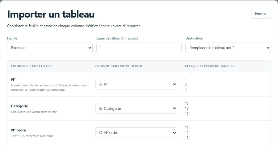 Importer — mêmes titres, colonnes reconnues automatiquement